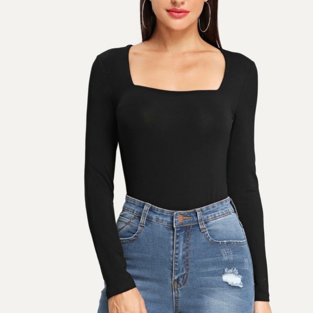 NEW Black square neck fitted long sleeve